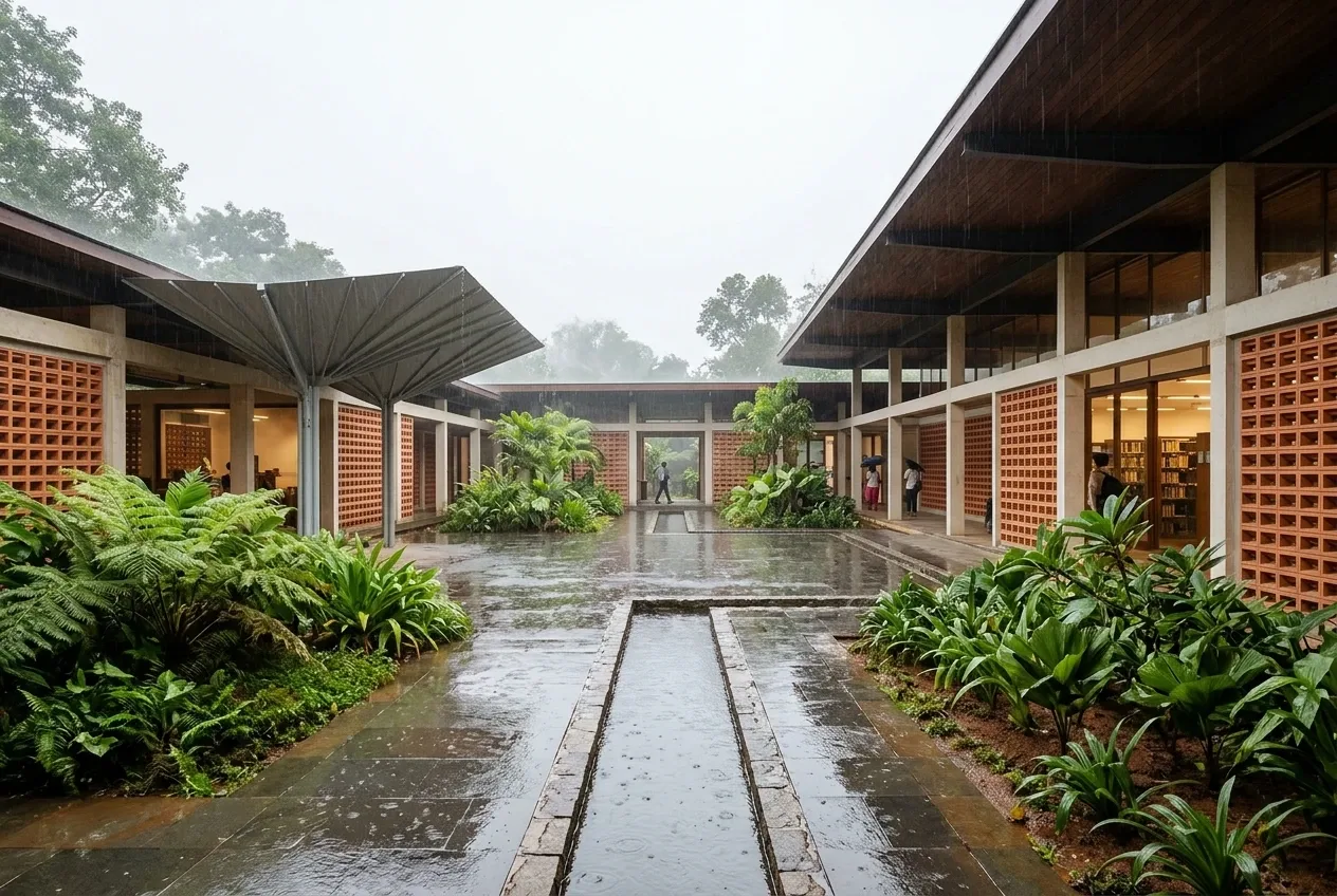 Contemporary tropical library pavilion with terracotta screens, deep roof overhangs, rainwater channels, wet stone paving, and a planted courtyard during light monsoon rain.