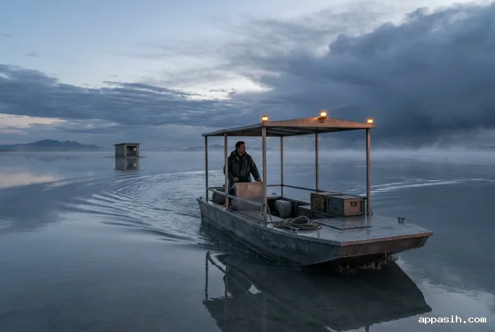 Low-angle cinematic view of a lone ferry operator steering across flooded salt flats toward an isolated shelter during stormy blue hour.