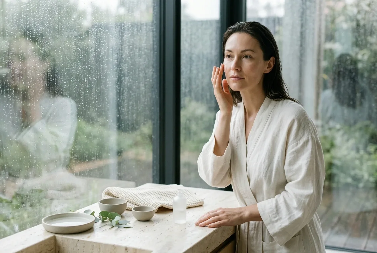 Woman applying clear facial serum at a minimalist stone vanity beside rain-covered glass with botanical skincare details.