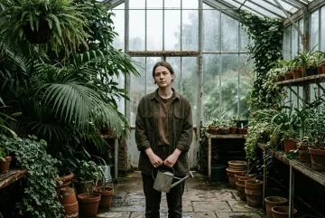Young botanist holding a metal watering can inside a rain-soaked glass conservatory filled with lush green plants.