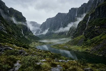 Mist-covered basalt mountain valley with waterfalls flowing into a reflective river after morning rain.