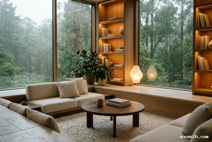 Low three-quarter view of a warm sunken forest reading lounge with cream seating, walnut table, timber shelves, indoor plants, and rain-covered windows.