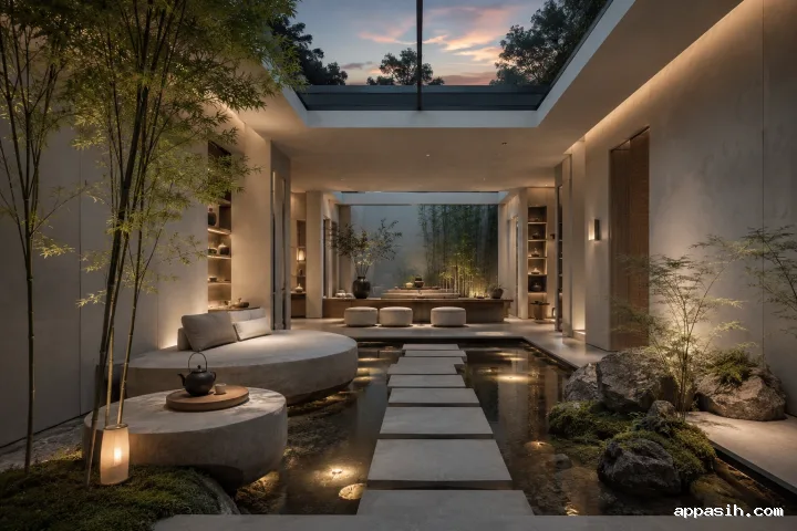 Premium moonlit tea atrium with a reflective indoor pool, limestone stepping stones, low linen seating, bamboo accents, and soft lantern lighting beneath a skylight.