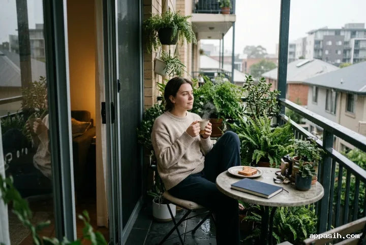 Young adult holding a warm coffee mug on a lush apartment balcony during a softly lit rainy morning.
