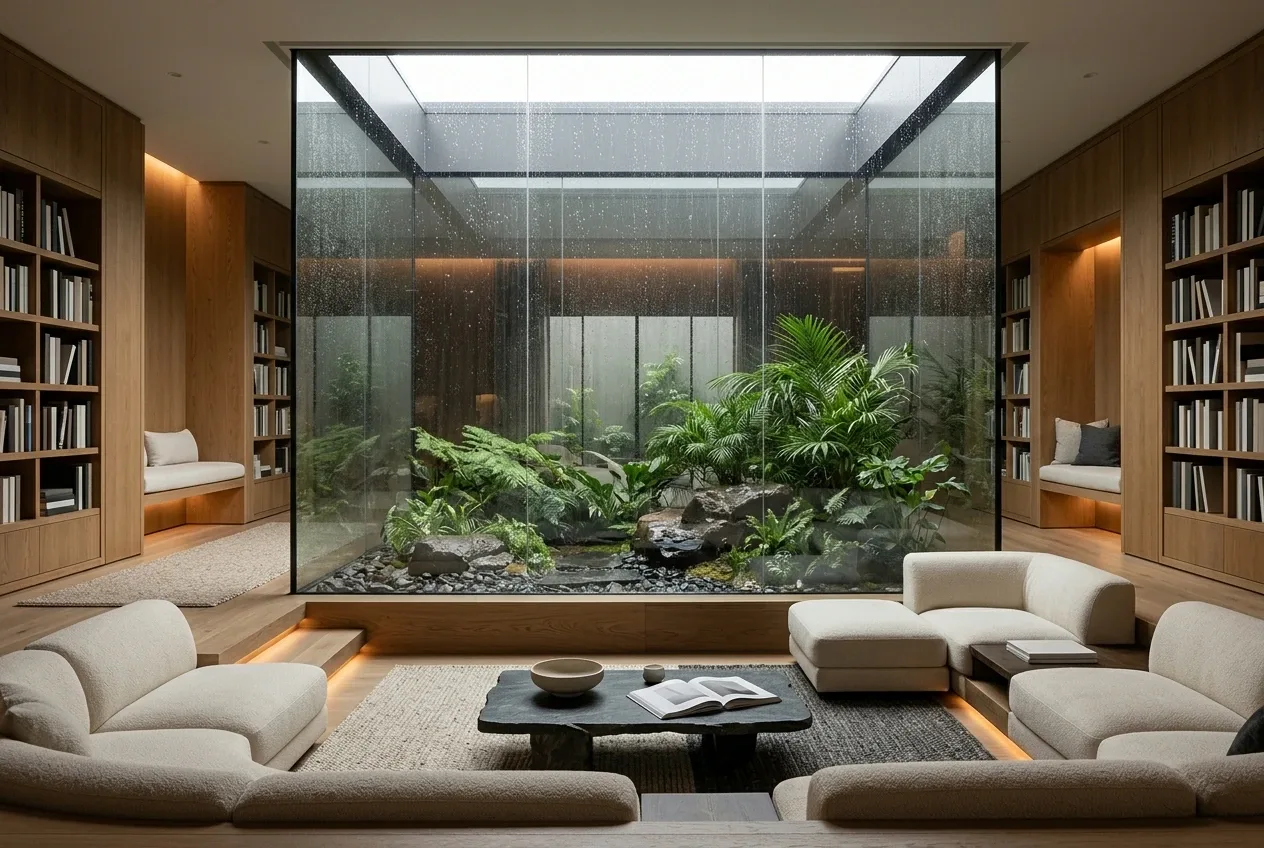 Contemporary reading lounge with curved cream seating, warm oak walls, built-in shelving, and a glass-enclosed indoor rain garden beneath soft overcast daylight.
