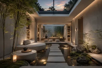 Luxury cliffside dining room inside a curved glass conservatory with an oak table, limestone flooring, indoor trees, and misty mountain views.