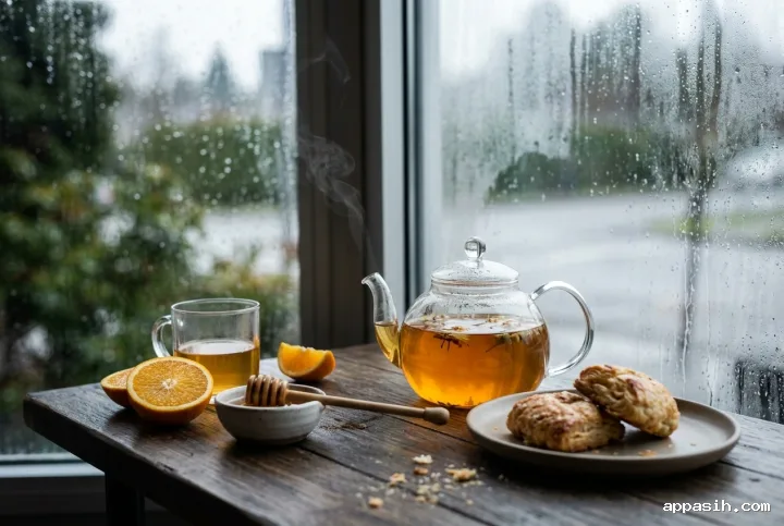 Close three-quarter view of amber citrus tea, honey, orange slices, and flaky pastries beside a softly lit rainy cafe window.