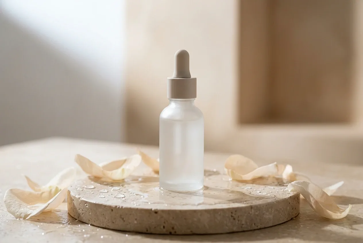 Unbranded frosted serum bottle on a stone pedestal with translucent petals, water droplets, and soft moonlit reflections.