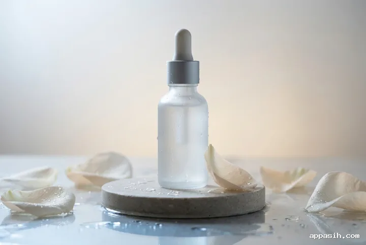 Closer three-quarter view of an unbranded frosted serum bottle on a stone pedestal with translucent petals, water droplets, and cool moonlit reflections.