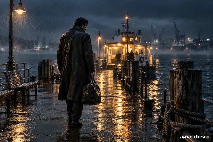 Closer cinematic view of a solitary traveler with a bag pausing on a rain-soaked harbor pier before boarding a warmly lit ferry at night.