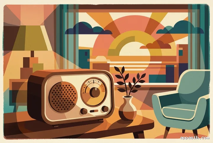 Closer three-quarter view of a vintage portable radio in the same abstract retro room, surrounded by geometric sunset forms, textured screenprint grain, warm amber tones, and muted teal accents.