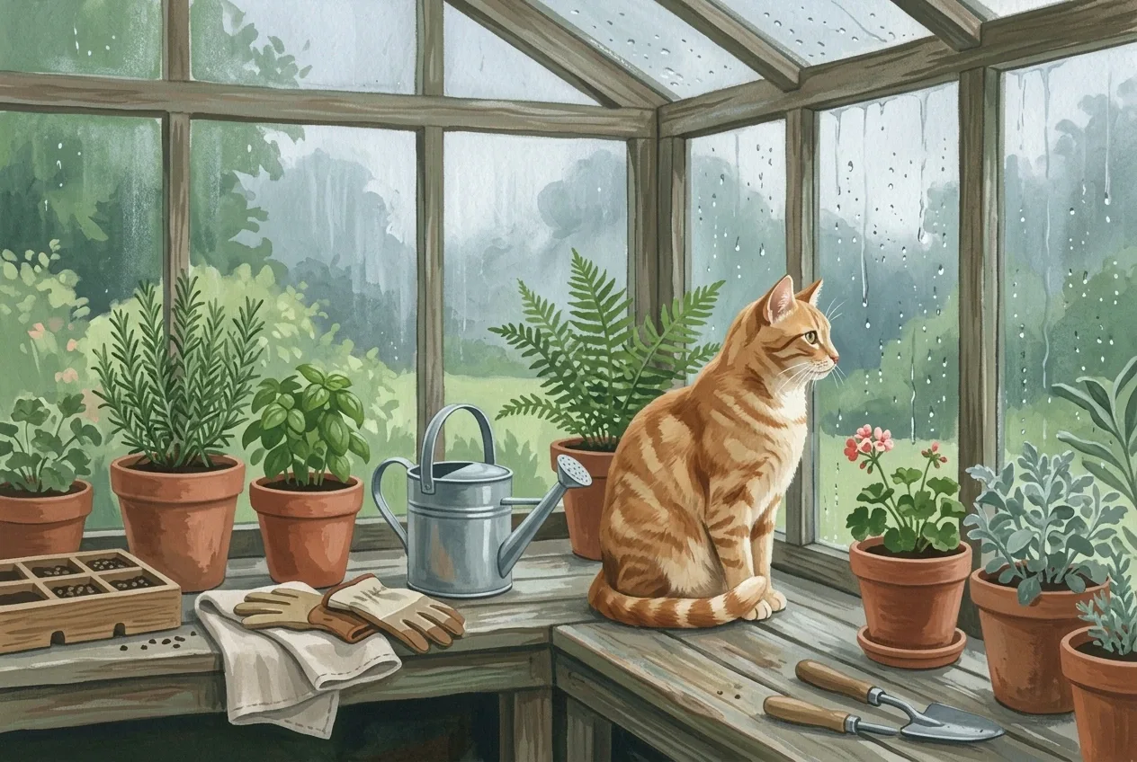 Ginger cat sitting on a wooden greenhouse bench among terracotta pots and herbs while rain covers the glass, painted in textured gouache.