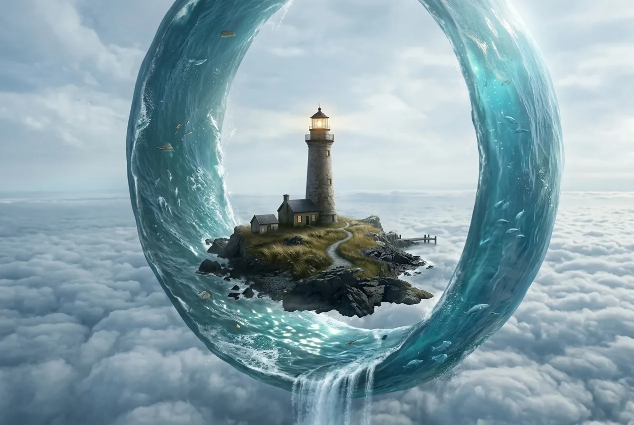 Surreal stone lighthouse on a floating rocky island enclosed by a giant vertical ring of ocean water above a misty horizon.