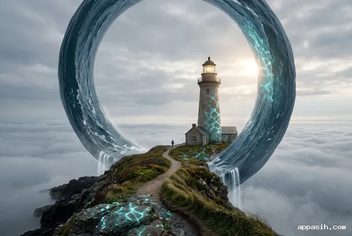 Surreal lighthouse and keeper on a suspended rocky island inside a towering vertical ocean ring with waterfalls, mist, and glowing aquatic reflections.
