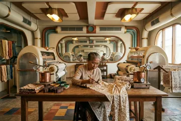 Batik artisan applying wax to patterned cloth in a retro-futurist heritage textile workshop with brass machinery, analog gauges, wooden tools, and warm amber lighting.