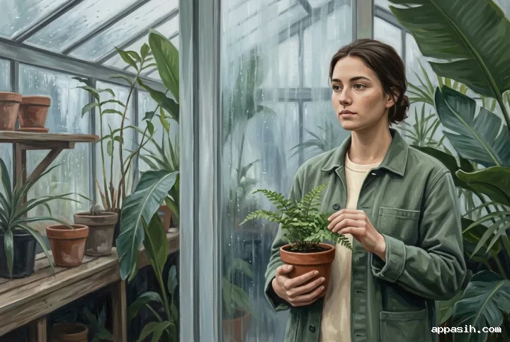 Closer acrylic portrait of a young botanist gently touching a fern while holding its terracotta pot inside a rain-covered glasshouse.