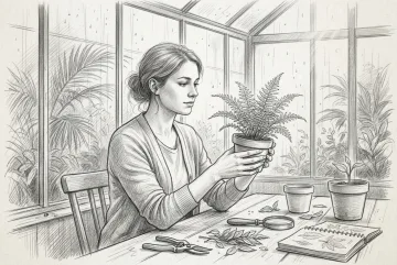 Pencil sketch portrait of a young botanist holding a small fern beside a rain-covered conservatory window.