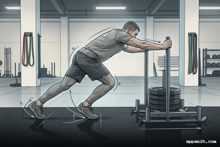 Closer Technical Illustration of a strength athlete driving a weighted sled across an indoor performance floor with precise biomechanics and geometric force indicators.