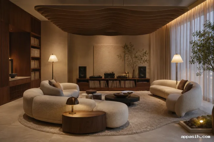 Premium rainlit winter garden salon with curved ivory seating, mature indoor ferns, rain-streaked glass walls, a reflective water channel, walnut panels, and cinematic evening lighting.