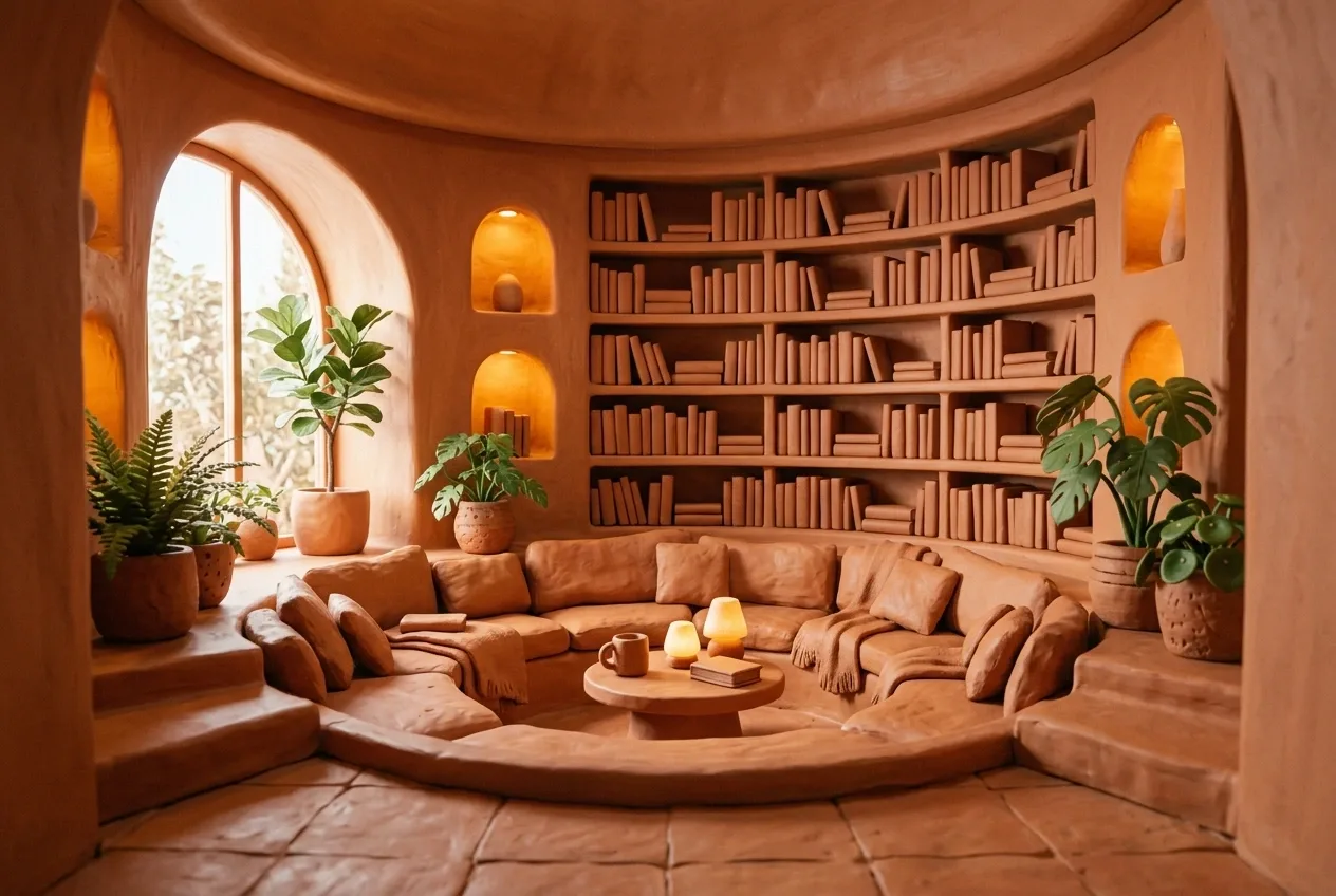 Terracotta sunken reading lounge with curved clay bookshelves, sculpted seating, warm lamps, and indoor plants in a Clay 3D style.