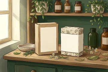 Blank kraft botanical soap box and wrapped soap bar displayed with herbs and flowers on a cozy apothecary counter in a 2D storybook illustration.