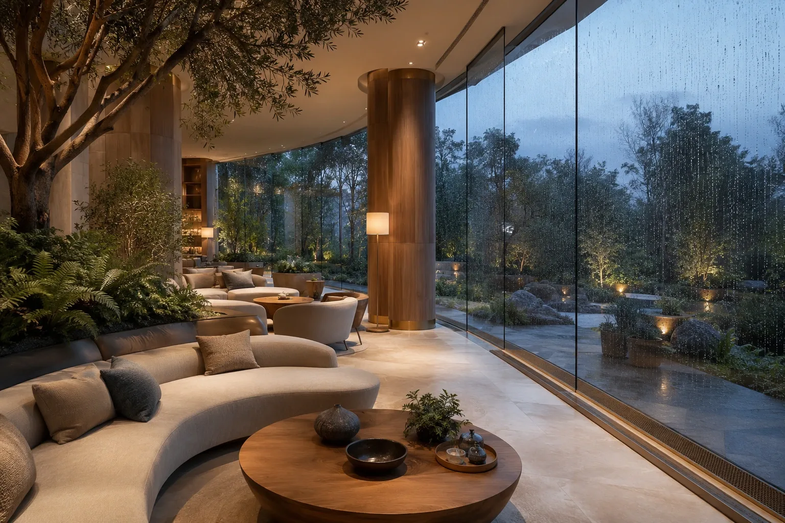 Luxury canyon-inspired bathing lounge with a sunken thermal pool, sculpted sandstone walls, curved seating, and warm overhead daylight.