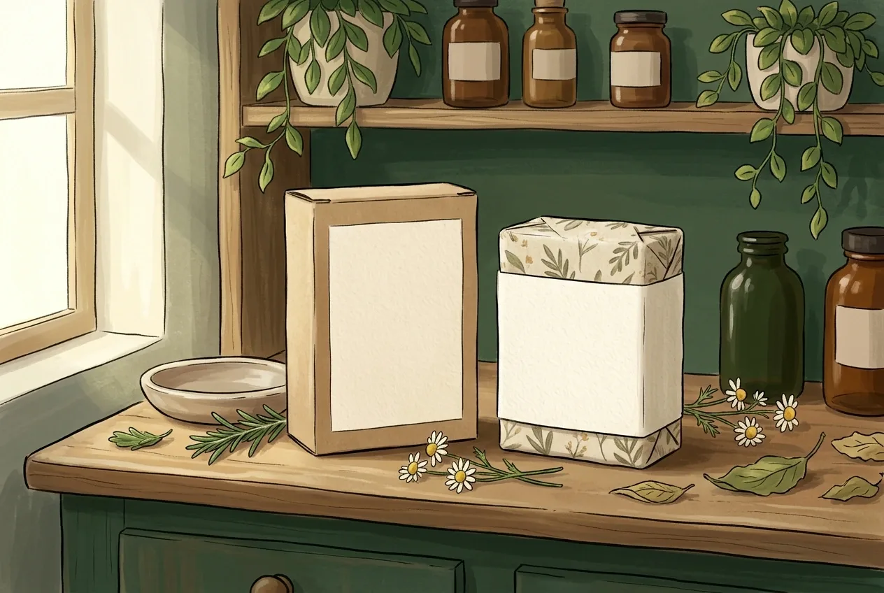 Blank kraft botanical soap box and wrapped soap bar displayed with herbs and flowers on a cozy apothecary counter in a 2D storybook illustration.