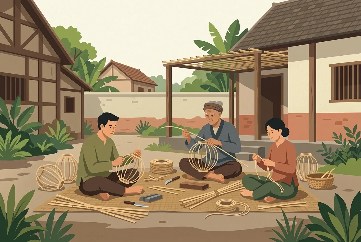 Flat 2D illustration of three artisans crafting traditional bamboo lanterns together in a leafy village courtyard.