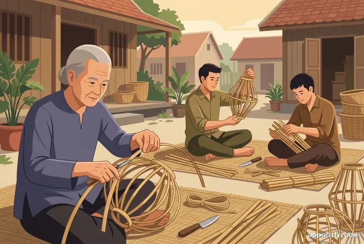 Flat 2D illustration showing a closer three-quarter view of three generations of artisans shaping traditional bamboo lanterns in a village courtyard.