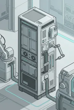Graphic technical illustration of a modular edge AI maintenance terminal connected to robotic machinery in an automated factory service bay.