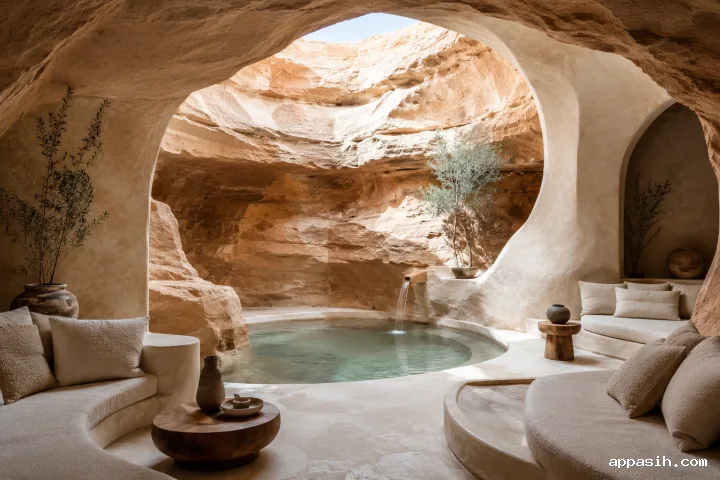 Premium subterranean bathing salon with a steaming travertine thermal pool, canyon-like sandstone walls, crescent daybeds, bronze details, and dramatic skylight illumination.