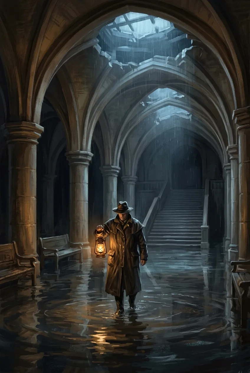 Digital painting of a solitary lantern keeper walking through a flooded underground station at midnight beneath rainlit stone arches.