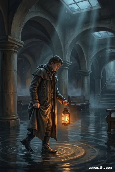 Close cinematic digital painting of a lantern keeper wading through the same flooded midnight station as warm lantern light reflects beneath towering rainlit arches.
