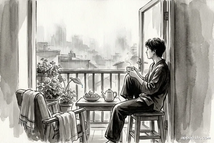 Young adult enjoying tea beside the same rain-soaked apartment balcony, surrounded by potted plants and misty rooftops in detailed black and gray Ink Wash Drawing.