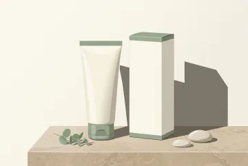 2D illustration mockup of an ivory hand cream tube and matching blank carton on a beige stone counter with eucalyptus leaves.