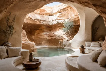 Luxury coastal meditation hall with curved seating, a shallow reflective basin, floating lantern lights, travertine flooring, and peaceful ocean views.