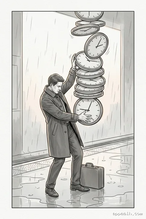Detailed line art drawing of an office worker steadying a tilted stack of analog clocks on the same rainy transit platform beside a briefcase.