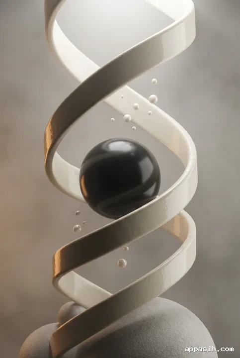 Closer three-quarter view of a polished obsidian sphere encircled by ivory ceramic ribbons, floating droplets, and matte stone forms with soft amber highlights in stylized 3D.