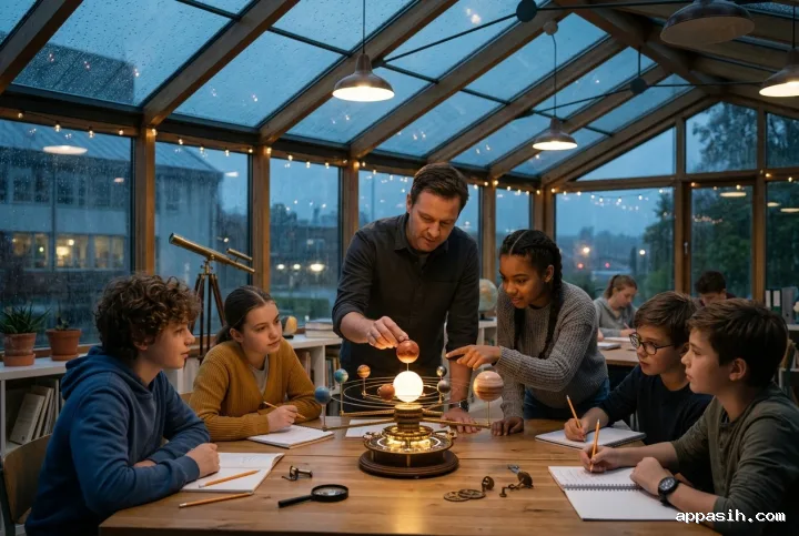 Closer cinematic view of a science teacher and five students interacting with an illuminated solar-system model in the same rainy glass-roof classroom.