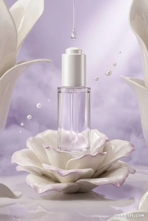 Translucent pearlescent facial serum bottle viewed slightly closer within a surreal porcelain flower garden, surrounded by floating skincare droplets and luminous lavender reflections.