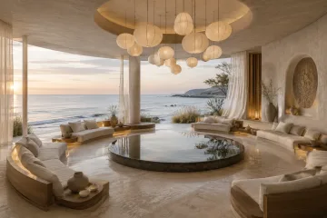 Luxury glasshouse bedroom with an ivory bed, warm oak panels, indoor trees, sheer curtains, and soft aurora reflections across the interior.