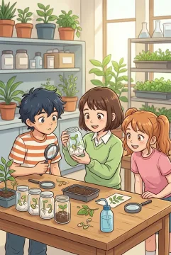 Anime-inspired cartoon of three young students examining sprouting bean seeds during a seed germination lesson in a bright classroom botany lab.