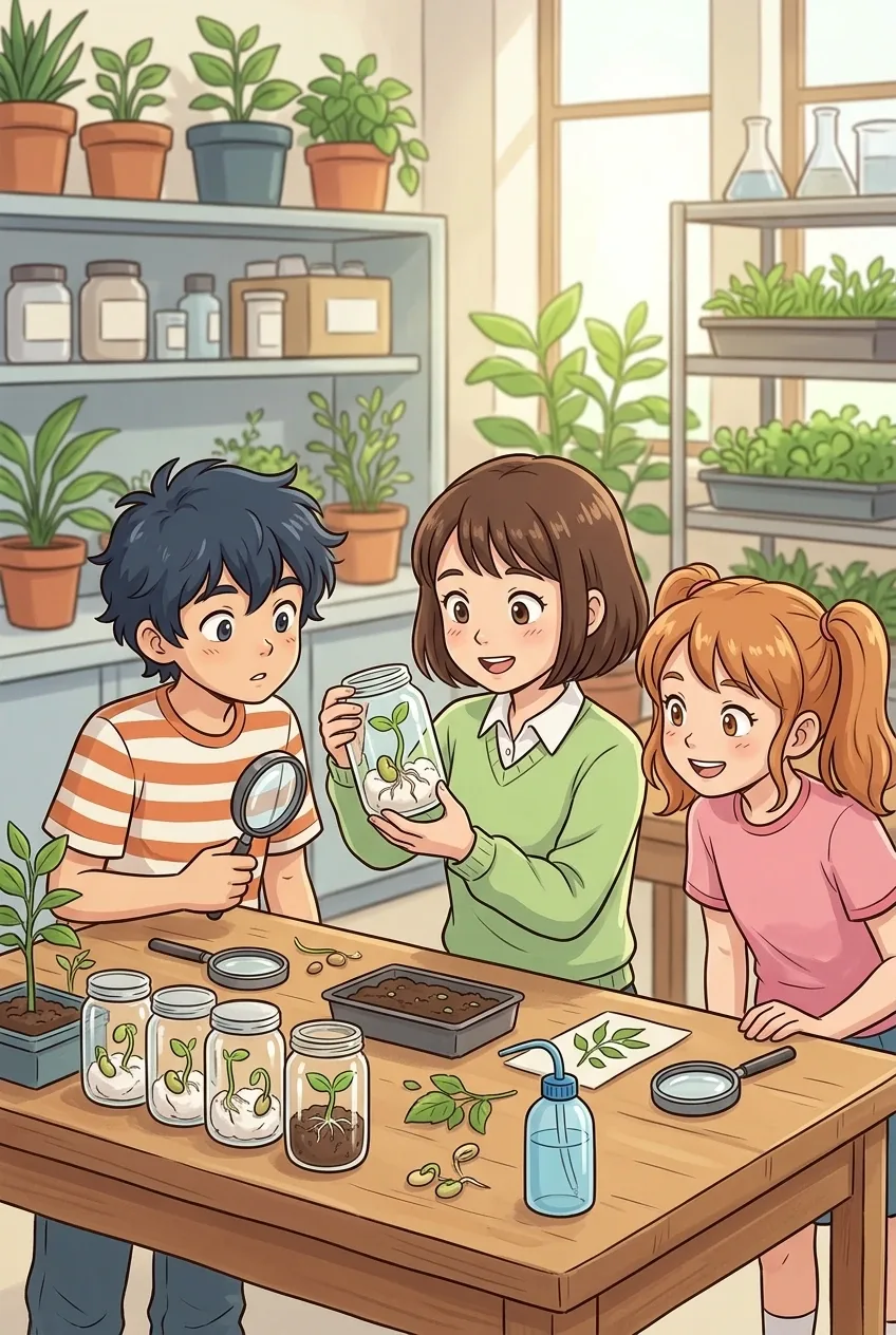 Anime-inspired cartoon of three young students examining sprouting bean seeds during a seed germination lesson in a bright classroom botany lab.