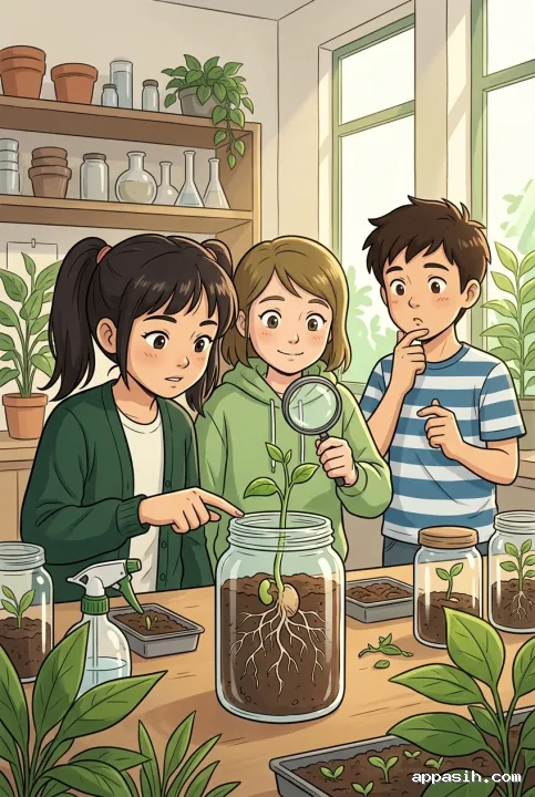 Anime-inspired cartoon of three students closely observing bean roots and a green sprout during a seed germination lesson in the same bright classroom botany lab.