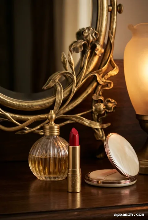 Close three-quarter view of crimson lipstick, pearl compact, and glass perfume atomizer on the same ornate Art Nouveau vanity under warm amber retro lighting.