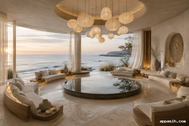 Premium glasshouse bedroom pavilion with a floating ivory bed, limestone platform, walnut panels, indoor olive trees, a bronze fireplace, and aurora-lit mountain views.