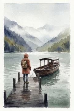 Watercolor painting of a lone traveler in a raincoat waiting beside a wooden ferry on a misty mountain lake during light morning rain.