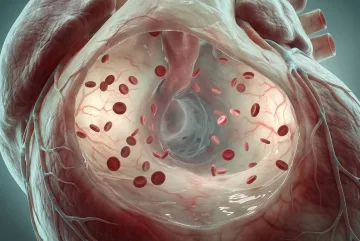 Surreal translucent human heart chamber with floating red blood cells and softly glowing branching blood vessels.