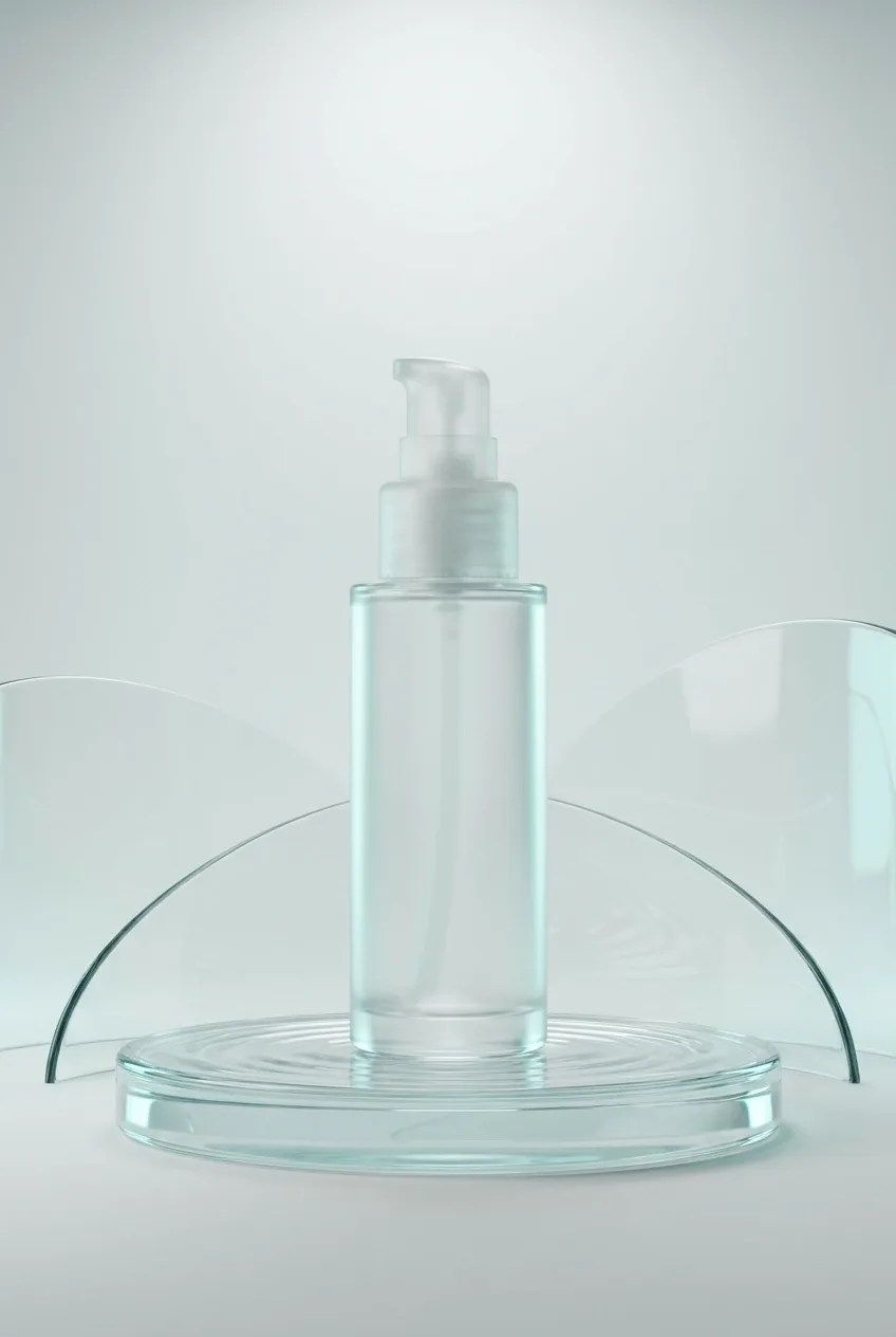 Translucent glass skincare serum bottle with frosted pump standing on a rippled glass pedestal in an aqua-lit 3D studio.