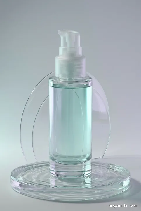 Close three-quarter view of a translucent glass skincare serum bottle with frosted pump on a rippled glass pedestal with aqua and subtle lilac reflections.